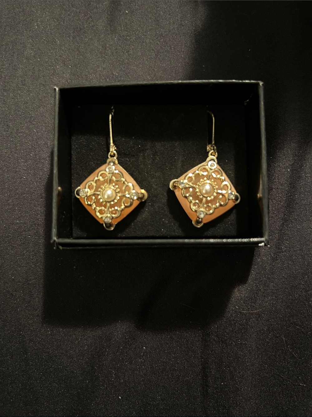 Gold Filigree Square Drop Earrings with Pearl Accent - Women Jewelry